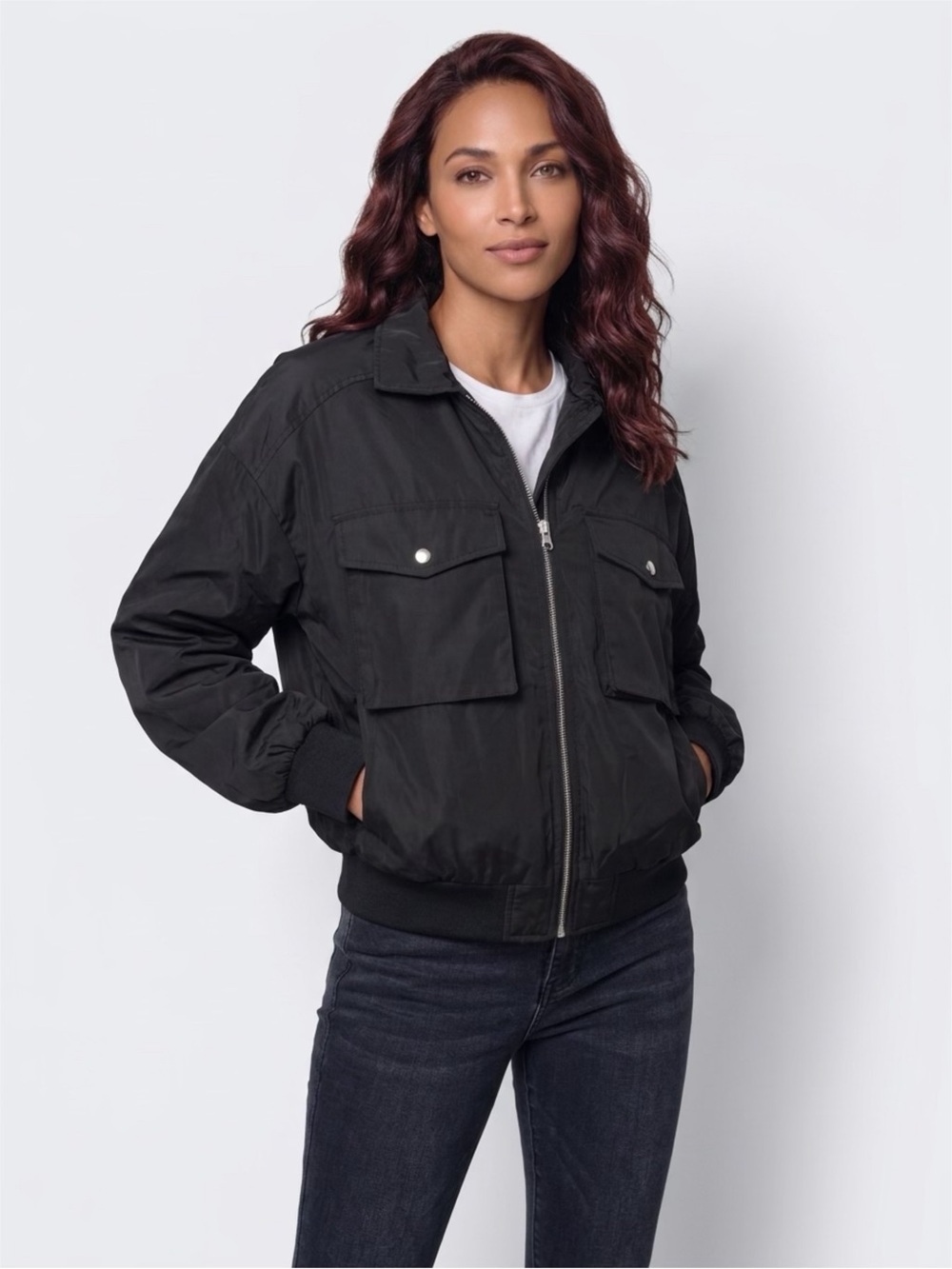 Womens Black Utility Zip-Front Jacket